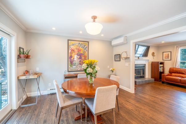 Dining room, Fireplace, Interior, Recessed Lighting, Wood Texture Flooring