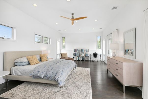 Bedroom, Interior, Recessed Lighting, Wood Texture Flooring
