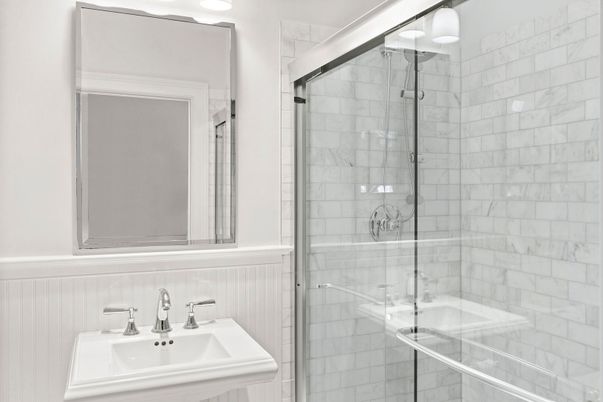 Bathroom, Glass Shower, Interior, Marble Walls, Recessed Lighting