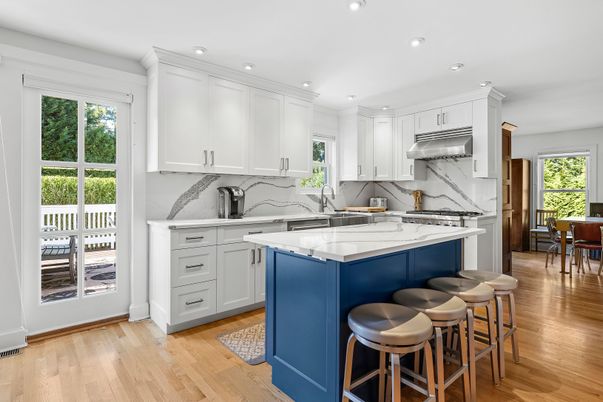 Interior, Kitchen, Marble Walls, Recessed Lighting, Wood Texture Flooring