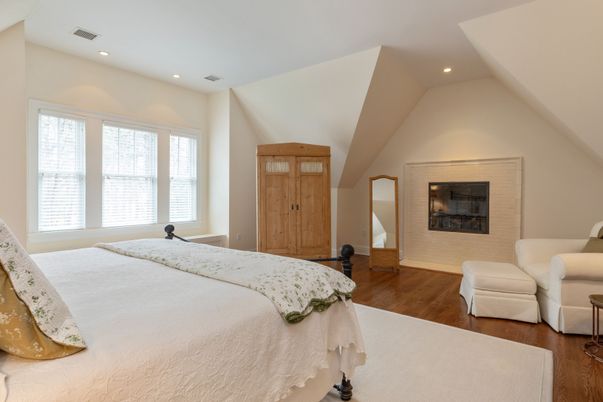 Bedroom, Fireplace, Interior, Recessed Lighting, Wood Texture Flooring