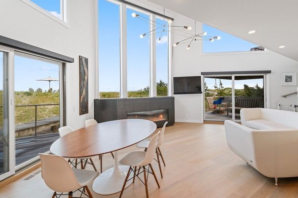 Dining room, Fireplace, Interior, Living room, Pendant Lights, Recessed Lighting, Wood Texture Flooring