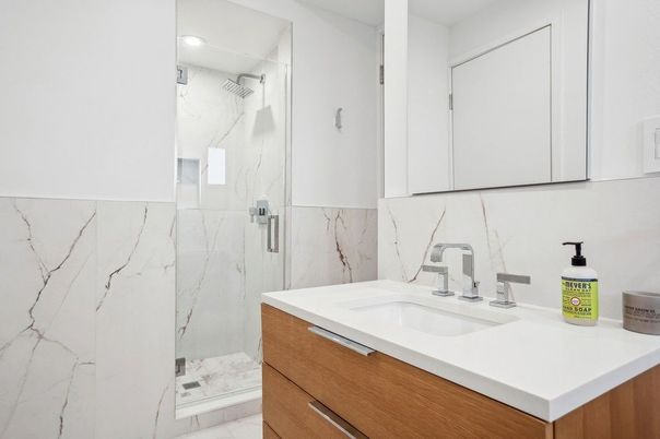 Bathroom, Glass Shower, Interior, Marble Walls, Recessed Lighting