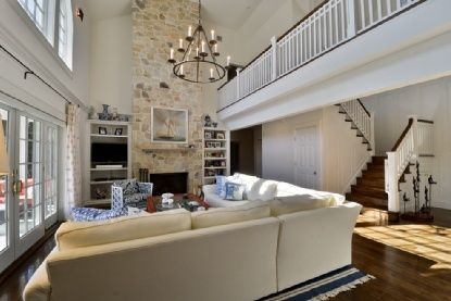 Chandelier, Fireplace, Interior, Living room, Stone Walls, Wood Texture Flooring