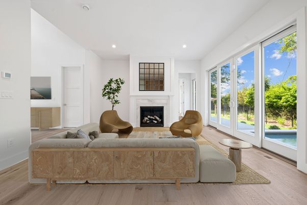 Fireplace, Interior, Living room, Recessed Lighting, Wood Texture Flooring