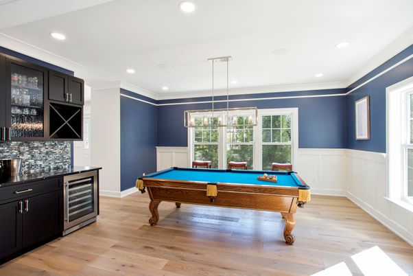 Billiard Table, Game Room, Interior, Pendant Lights, Recessed Lighting, Wood Texture Flooring