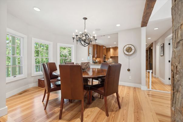 Chandelier, Dining room, Interior, Recessed Lighting, Wooden Beams, Wood Texture Flooring