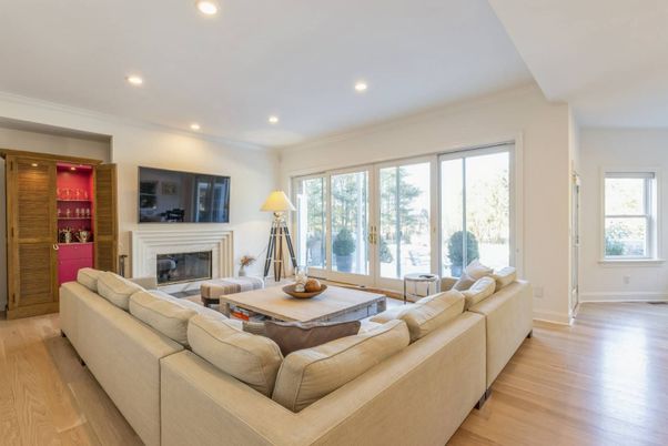 Fireplace, Interior, Living room, Recessed Lighting, Wood Texture Flooring