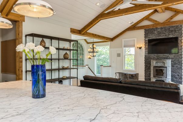 Fireplace, Interior, Marble, Recessed Lighting, Stone Walls, Wooden Beams