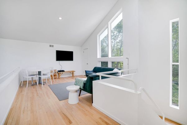 Dining room, Interior, Living room, Recessed Lighting, Wood Texture Flooring