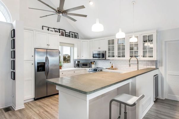 Interior, Kitchen, Pendant Lights, Stainless Steel Appliances, Wood Texture Flooring