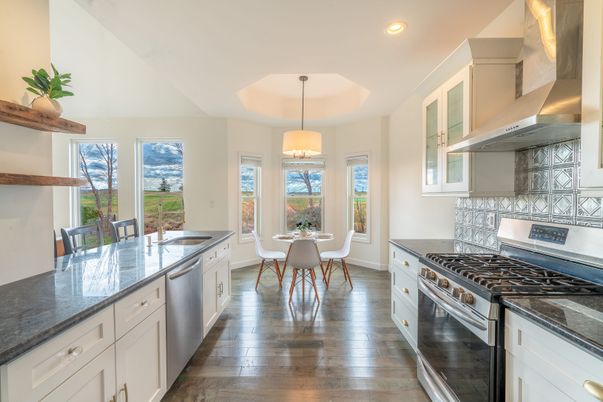 Dining room, Interior, Kitchen, Pendant Lights, Recessed Lighting, Stainless Steel Appliances, Wood Texture Flooring