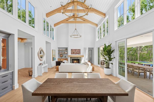 Chandelier, Dining room, Fireplace, Interior, Living room, Pendant Lights, Wooden Beams, Wood Texture Flooring