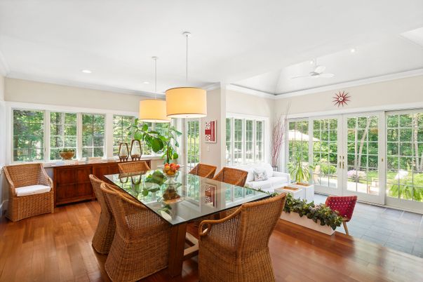 Dining room, Interior, Pendant Lights, Recessed Lighting, Wood Texture Flooring