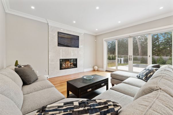Fireplace, Interior, Living room, Recessed Lighting, Wood Texture Flooring