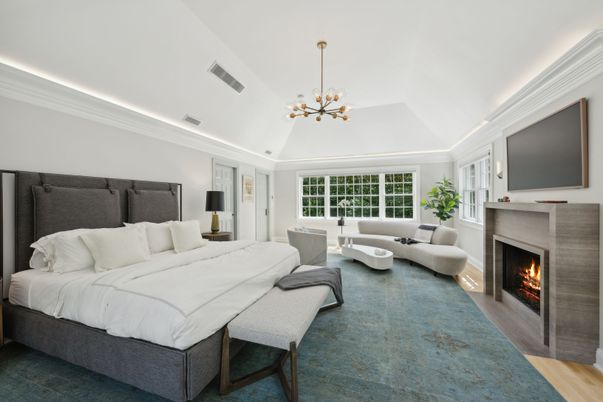 Bedroom, Fireplace, Interior, Pendant Lights, Wood Texture Flooring