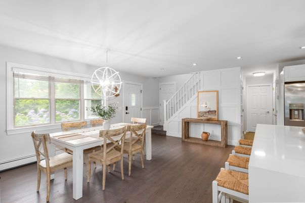 Dining room, Interior, Kitchen, Recessed Lighting, Wood Texture Flooring