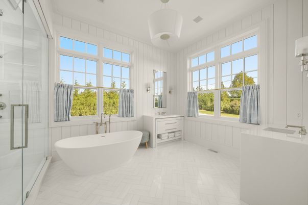 Bathroom, Free Standing Baths, Glass Shower, Interior, Marble, Pendant Lights
