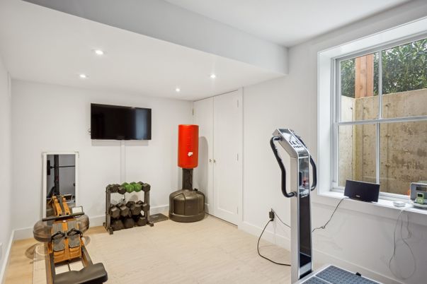 Fitness Equipment, Home Office, Interior, Recessed Lighting, Wood Texture Flooring