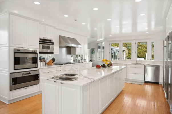 Interior, Kitchen, Recessed Lighting, Stainless Steel Appliances, Wood Texture Flooring