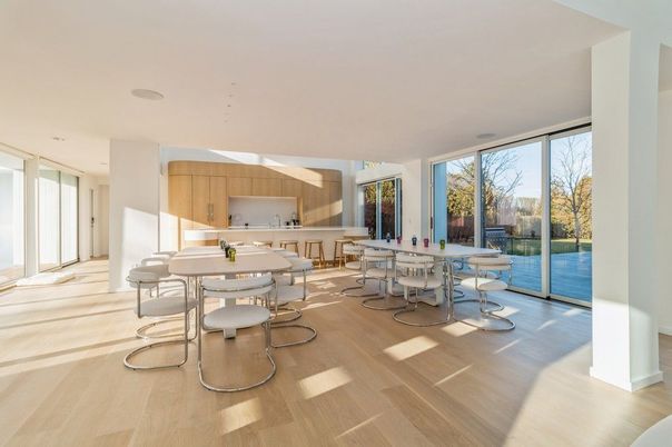 Dining room, Interior, Recessed Lighting, Wood Texture Flooring