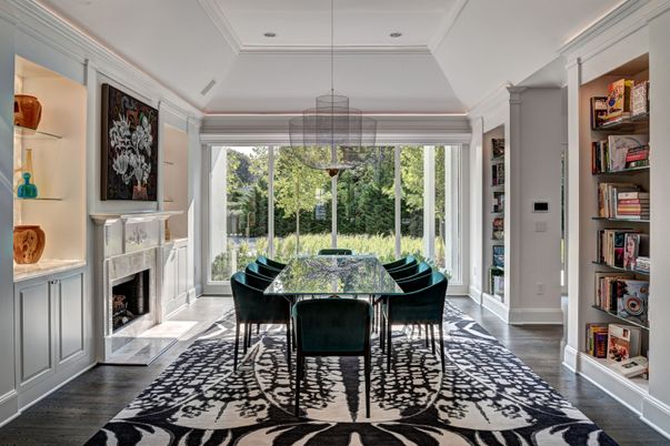 Dining room, Fireplace, Interior, Recessed Lighting, Wood Texture Flooring