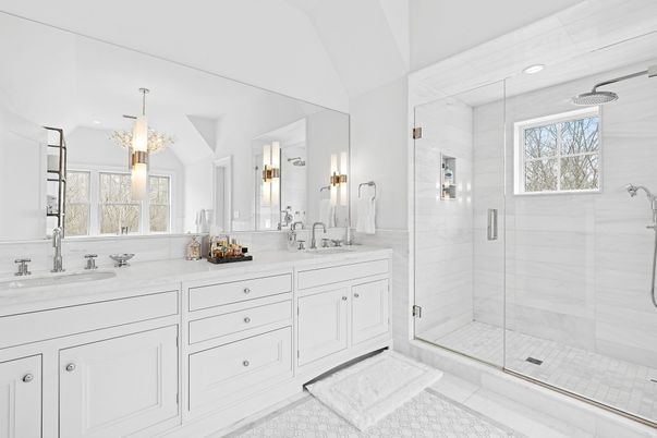Bathroom, Dual Sink Vanities, Glass Shower, Interior, Pendant Lights, Recessed Lighting