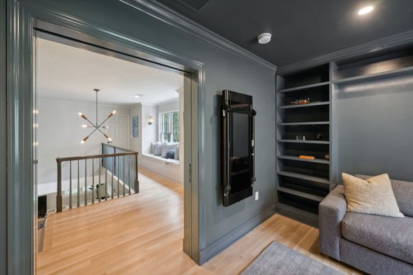 Fireplace, Interior, Pendant Lights, Recessed Lighting, Wood Texture Flooring