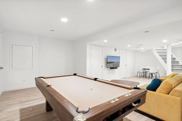 Billiard Table, Game Room, Interior, Recessed Lighting, Wood Texture Flooring