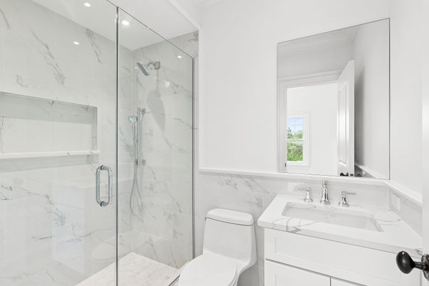 Bathroom, Glass Shower, Interior, Marble Walls, Recessed Lighting