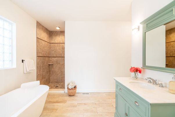 Bathroom, Free Standing Baths, Interior, Wood Texture Flooring