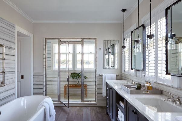 Bathroom, Dual Sink Vanities, Free Standing Baths, Interior, Pendant Lights, Wood Texture Flooring