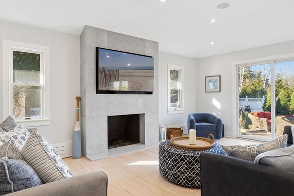 Fireplace, Interior, Living room, Recessed Lighting, Wood Texture Flooring