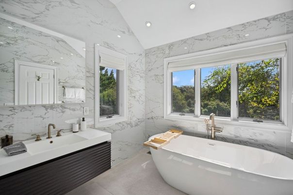 Bathroom, Free Standing Baths, Interior, Marble Walls, Recessed Lighting