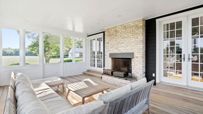 Fireplace, Interior, Living room, Stone Walls, Sun Room, Wood Texture Flooring