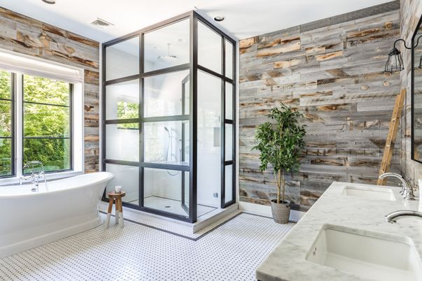 Bathroom, Free Standing Baths, Glass Shower, Interior, Wooden Walls