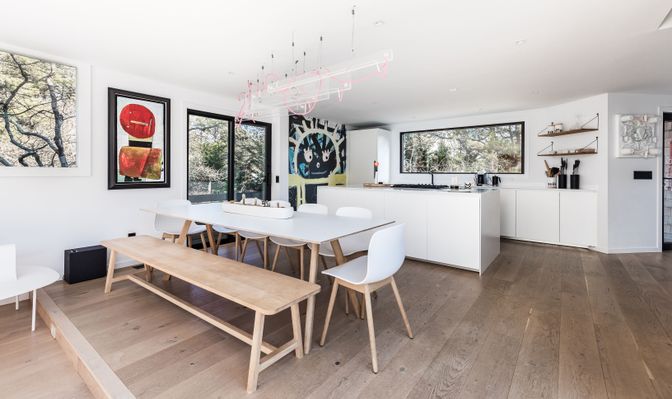 Dining room, Interior, Pendant Lights, Recessed Lighting, Wood Texture Flooring