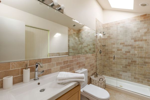 Bathroom, Glass Shower, Interior, Recessed Lighting, Stone Walls