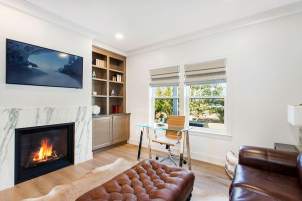 Fireplace, Home Office, Interior, Recessed Lighting, Wood Texture Flooring