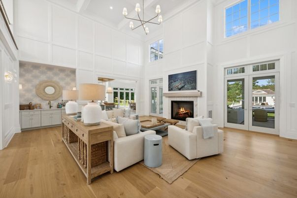 Fireplace, Interior, Living room, Pendant Lights, Wood Texture Flooring
