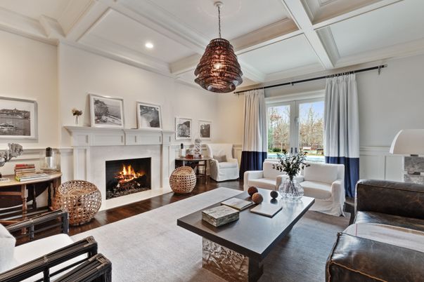 Fireplace, Interior, Living room, Pendant Lights, Recessed Lighting, Wood Texture Flooring