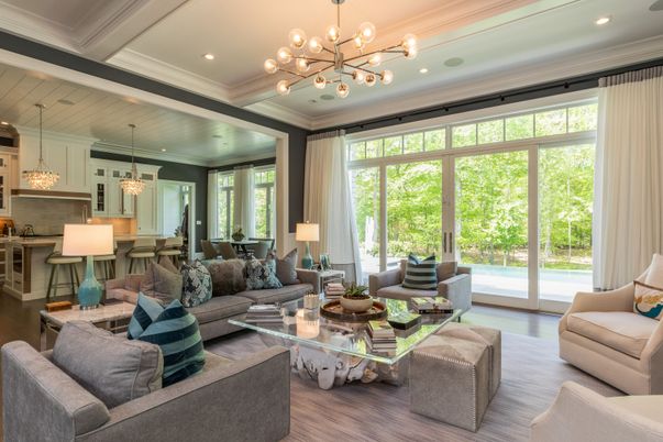 Dining room, Interior, Living room, Pendant Lights, Recessed Lighting, Wood Texture Flooring