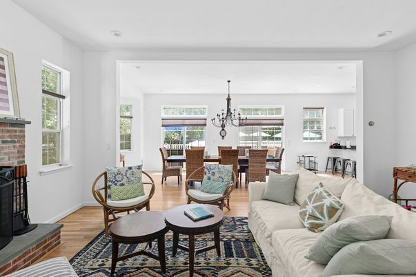 Chandelier, Dining room, Fireplace, Interior, Living room, Recessed Lighting, Wood Texture Flooring