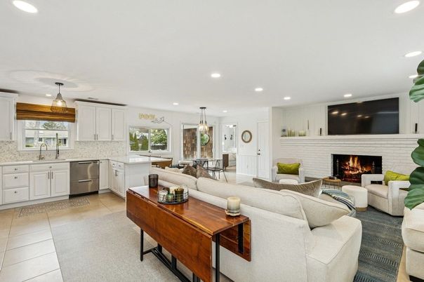 Dining room, Fireplace, Interior, Kitchen, Living room, Pendant Lights, Recessed Lighting, Stainless Steel Appliances