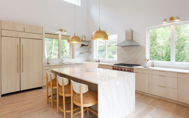 Interior, Kitchen, Marble Walls, Pendant Lights, Stainless Steel Appliances, Wood Texture Flooring