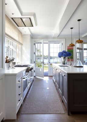 Interior, Kitchen, Pendant Lights, Recessed Lighting, Stainless Steel Appliances, Water, Wood Texture Flooring
