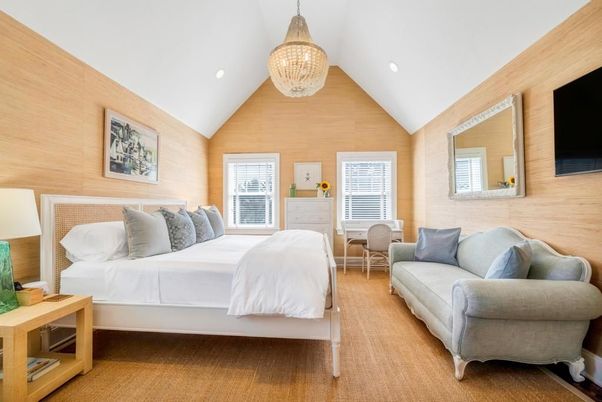 Bedroom, Chandelier, Interior, Recessed Lighting, Wood Texture Flooring, Wooden Walls