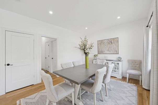 Dining room, Interior, Recessed Lighting, Wood Texture Flooring