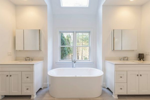 Bathroom, Dual Sink Vanities, Free Standing Baths, Interior, Recessed Lighting, Wood Texture Flooring