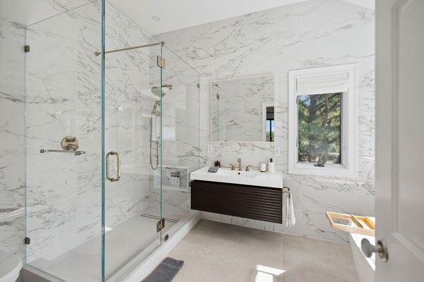 Bathroom, Glass Shower, Interior, Marble Walls, Recessed Lighting